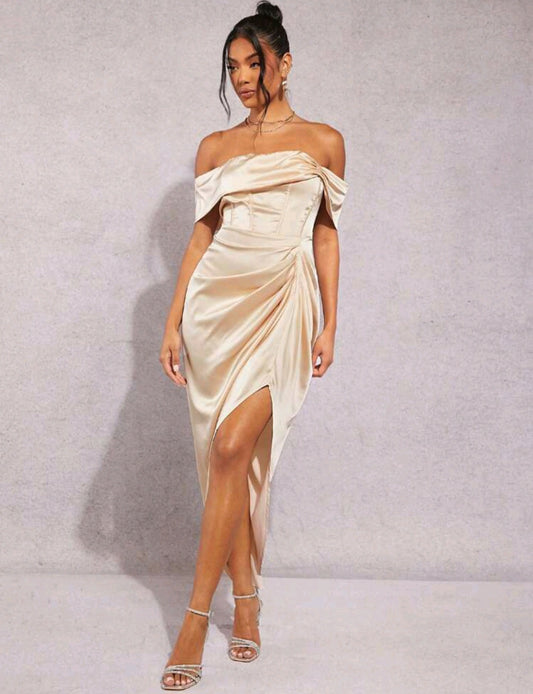 Elizabeth Off Shoulder Satin Midi Dress