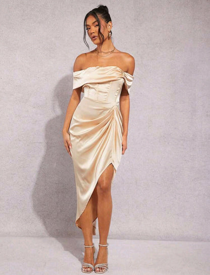 Elizabeth Off Shoulder Satin Midi Dress