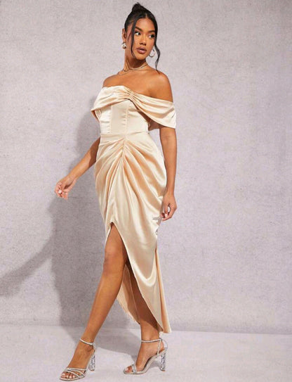 Elizabeth Off Shoulder Satin Midi Dress