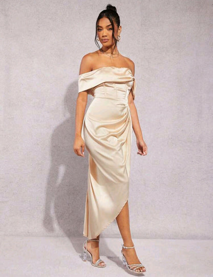 Elizabeth Off Shoulder Satin Midi Dress