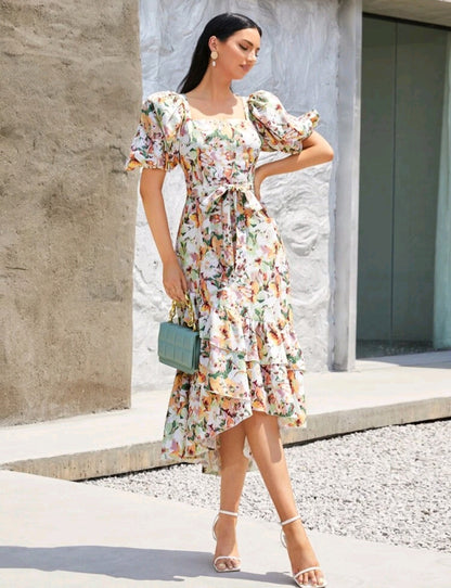 Kelda Puff Sleeve Midi Dress - Floral