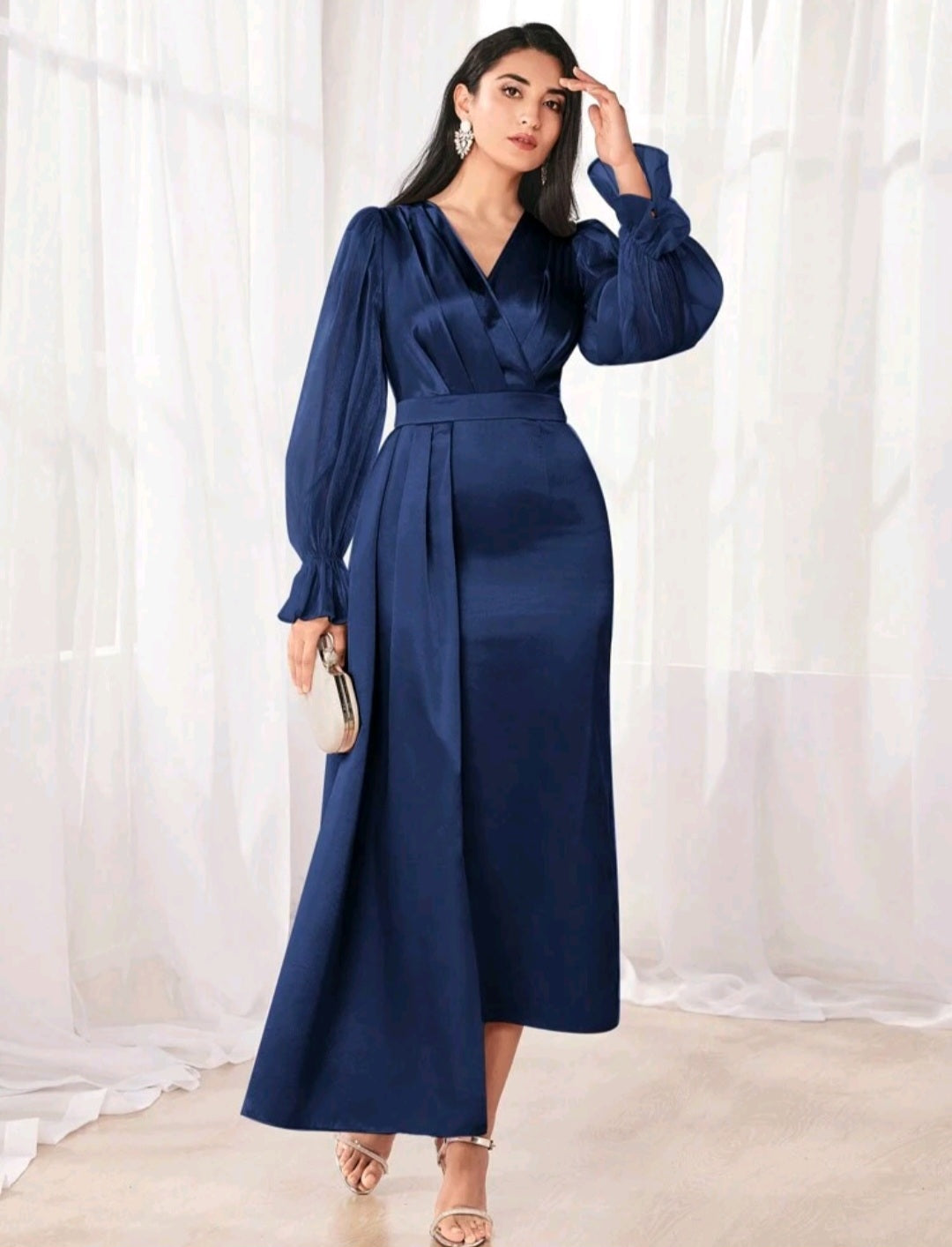 Hannah Flounce Sleeve Satin Midi Dress - Navy Blue