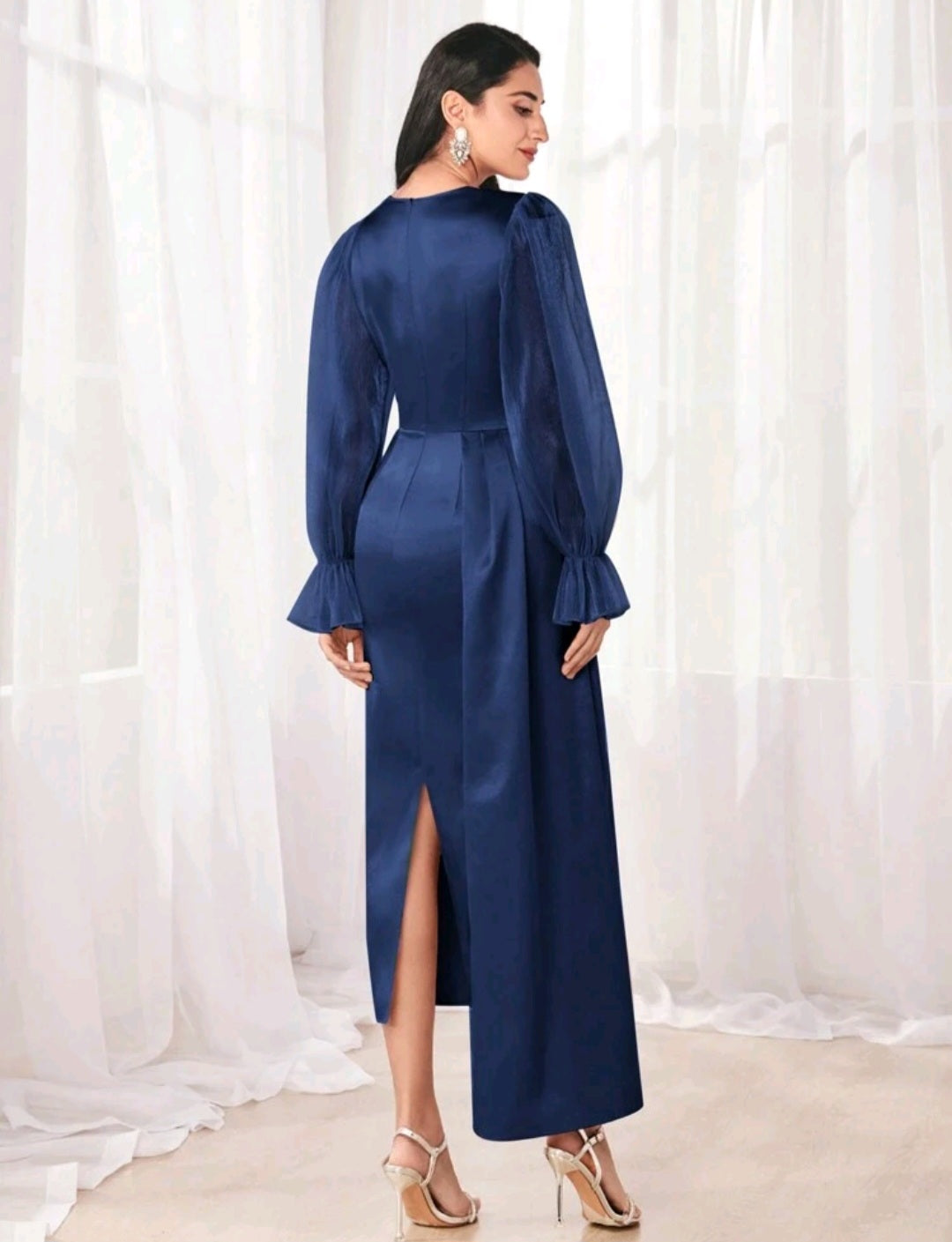 Hannah Flounce Sleeve Satin Midi Dress - Navy Blue