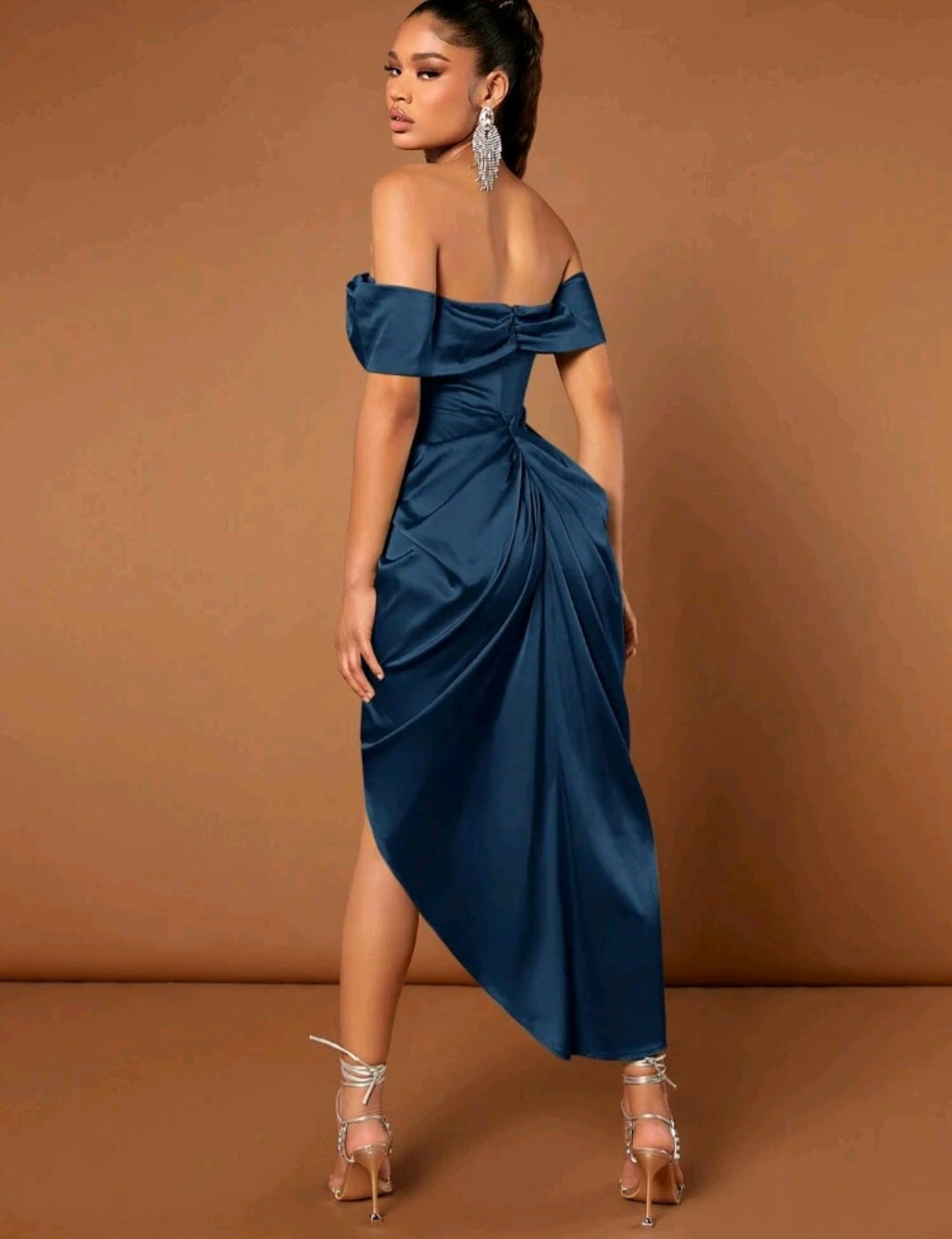 Lilly Off Shoulder Asymmetrical Satin Midi Dress