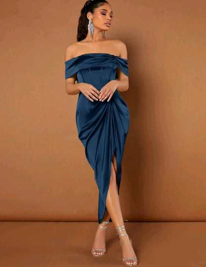 Lilly Off Shoulder Asymmetrical Satin Midi Dress