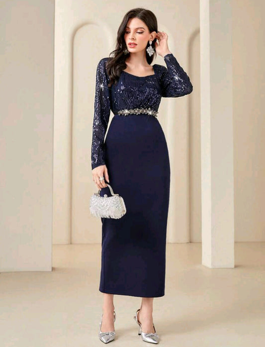 RENEE SEQUIN MIDI DRESS - NAVY BLUE