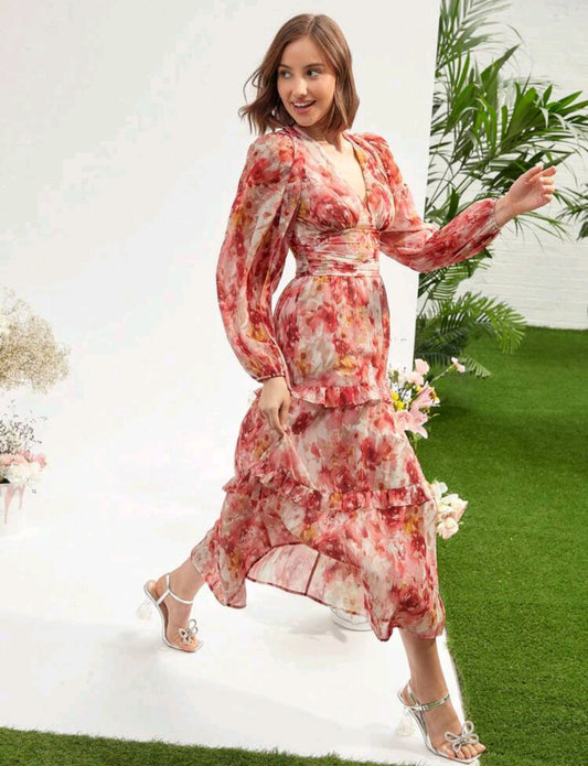 Florence Plunging Neck Lantern Sleeve Maxi Dress - Floral