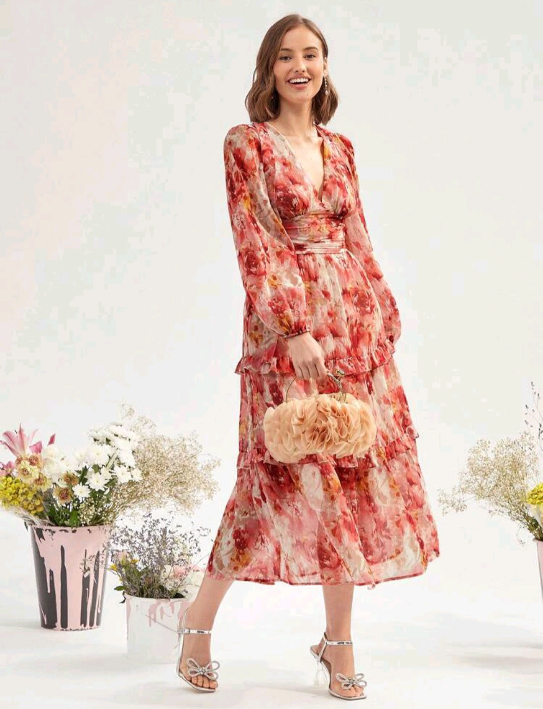 Florence Plunging Neck Lantern Sleeve Maxi Dress - Floral