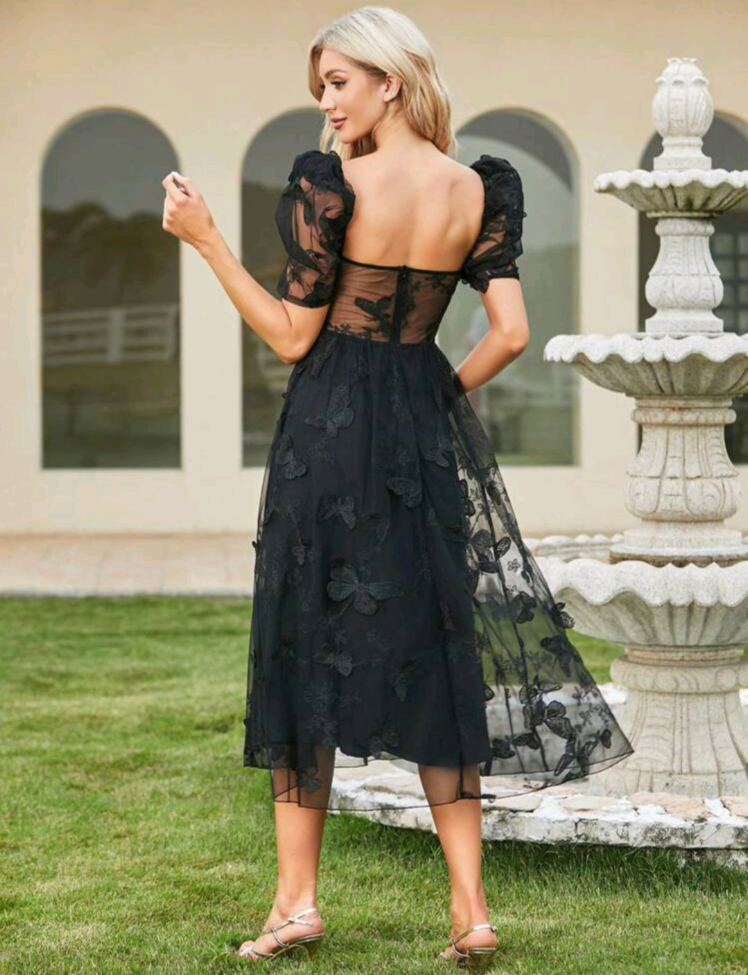 Victoria Butterfly Embroidery Puff Sleeve Midi Dress