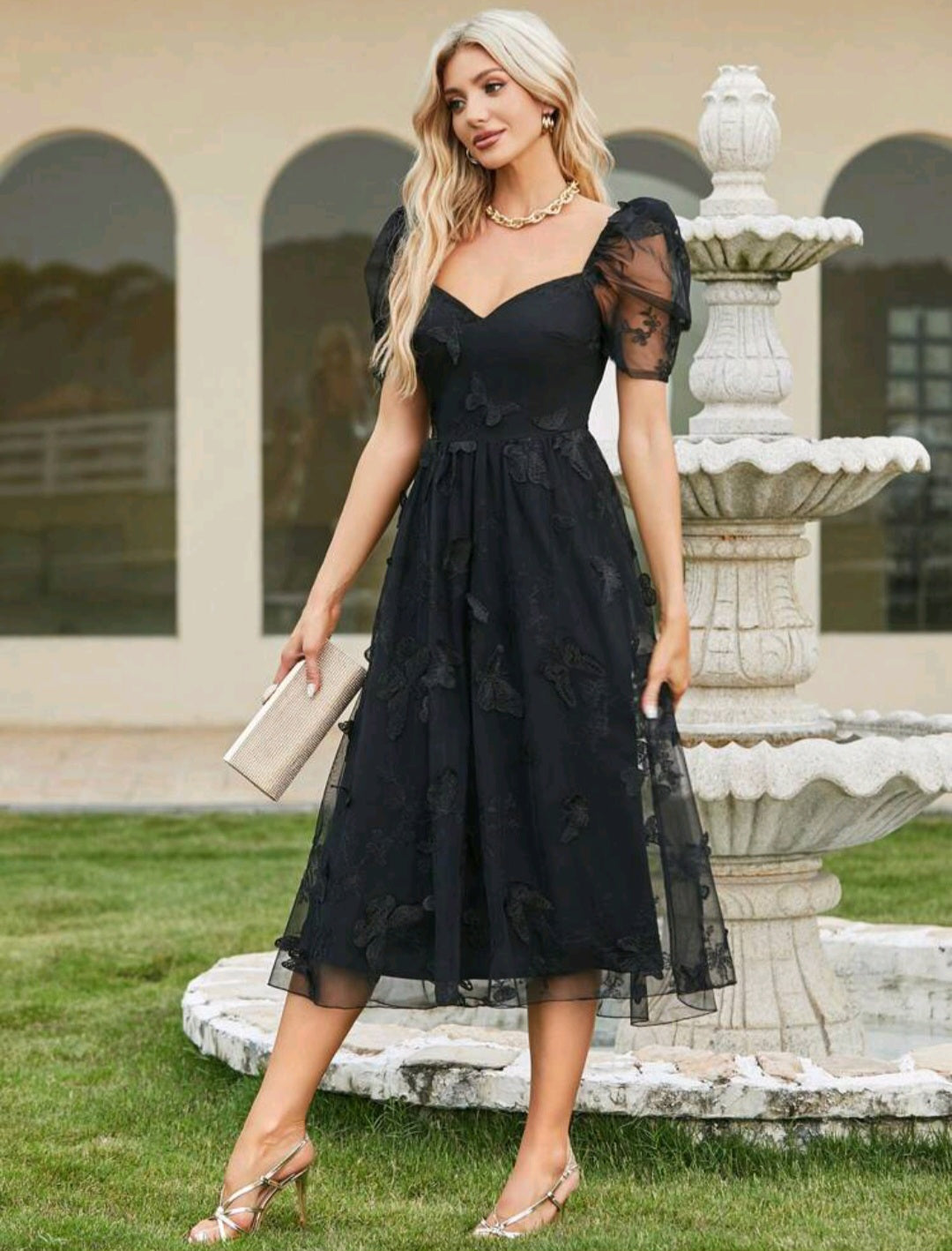 Victoria Butterfly Embroidery Puff Sleeve Midi Dress