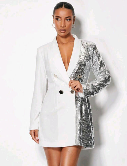 Chesire Sequin Double Breasted Blazer Dress - White