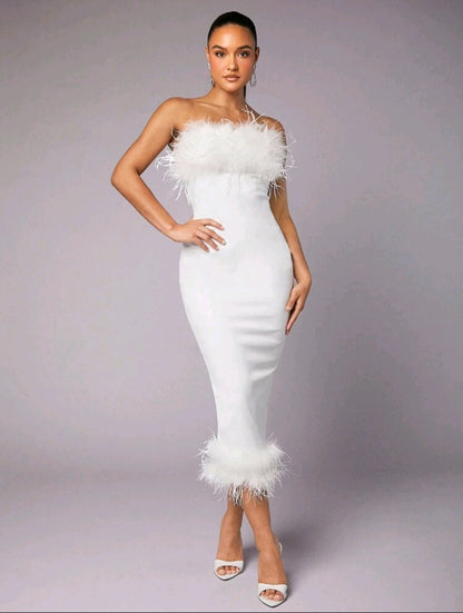 Whitney Off Shoulder Faux Fur Midi Dress - White