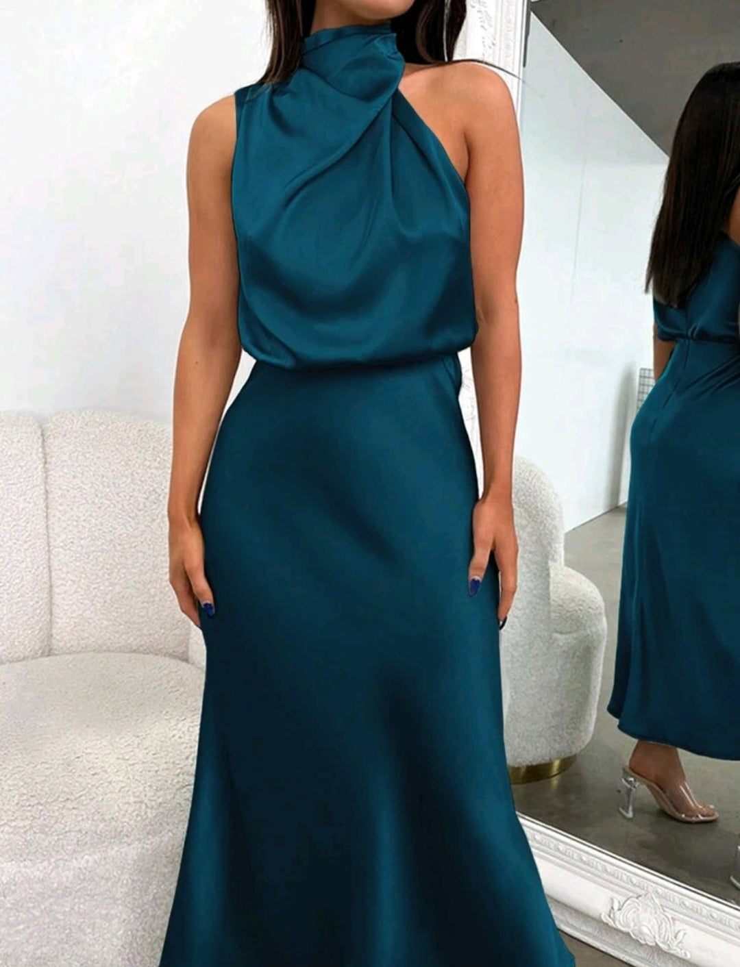 Quinny Asymmetrical Neck Satin Dress - Teal Blue