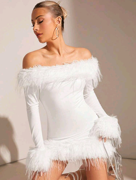 Matissie Off Shoulder Furry Dress - White