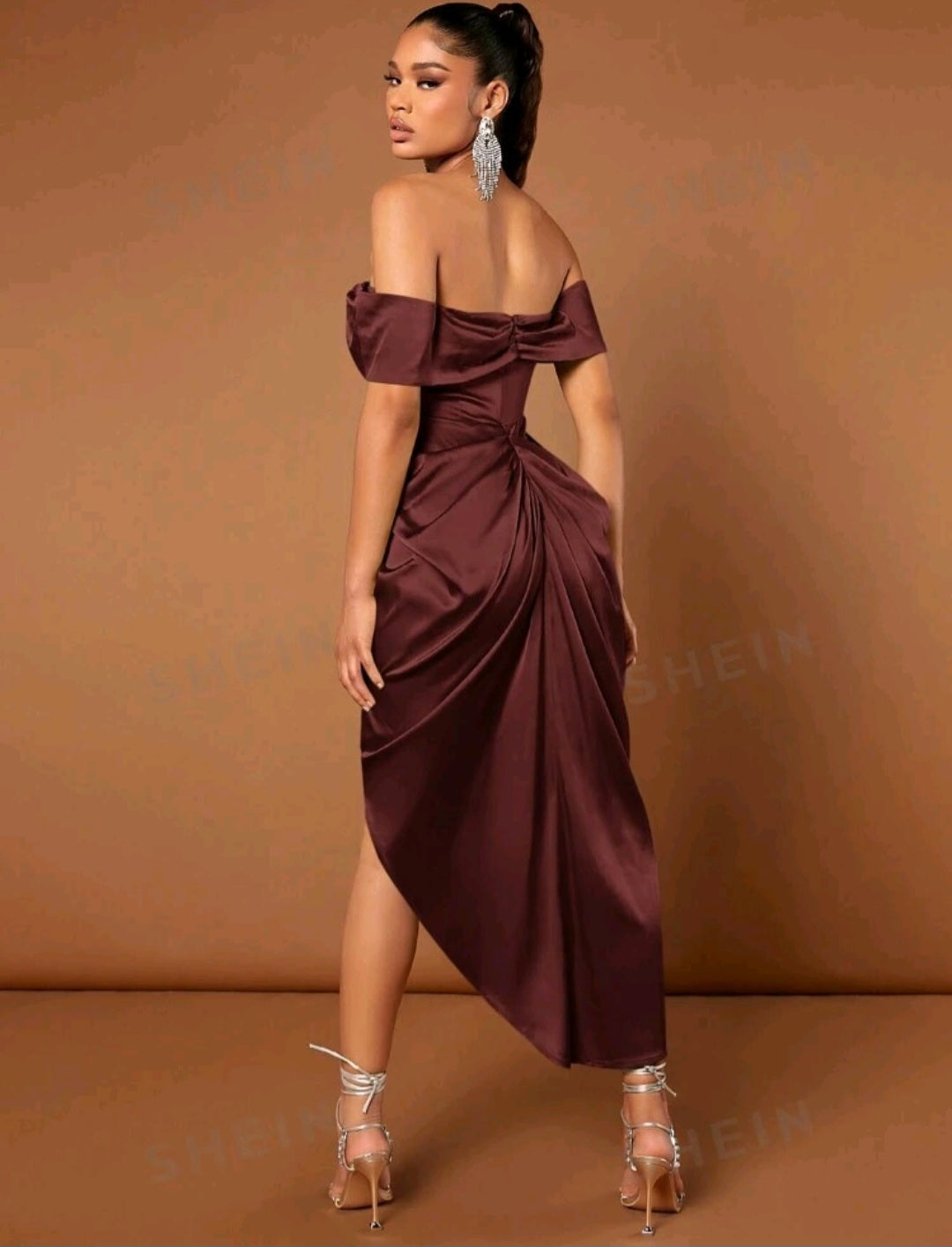 Ester Off-Shoulder High Slit Midi Dress - Maroon