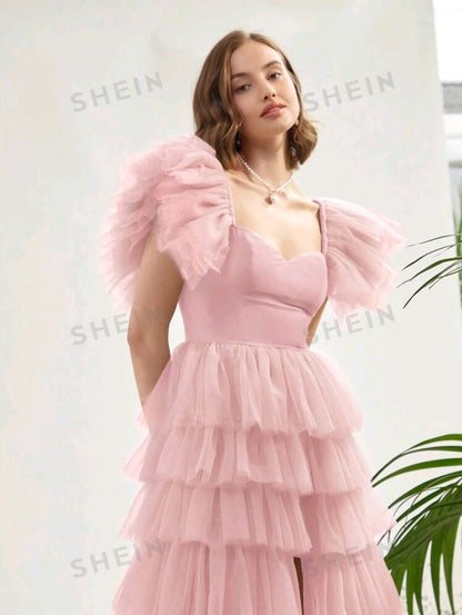 Thillie Mesh Spliced Flounce Sleeve Cake Maxi Dress - Pink