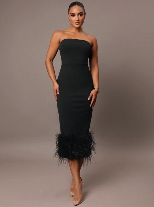 HOPE FAUX FUR MIDI DRESS - BLACK