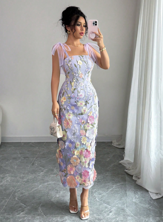 BEATRIZ FLORAL TIE SHOULDER MIDI DRESS
