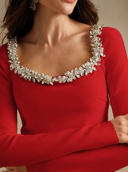 CATALINA CRYSTAL COLLAR MIDI DRESS-RED