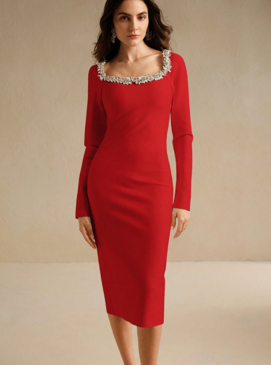 CATALINA CRYSTAL COLLAR MIDI DRESS-RED