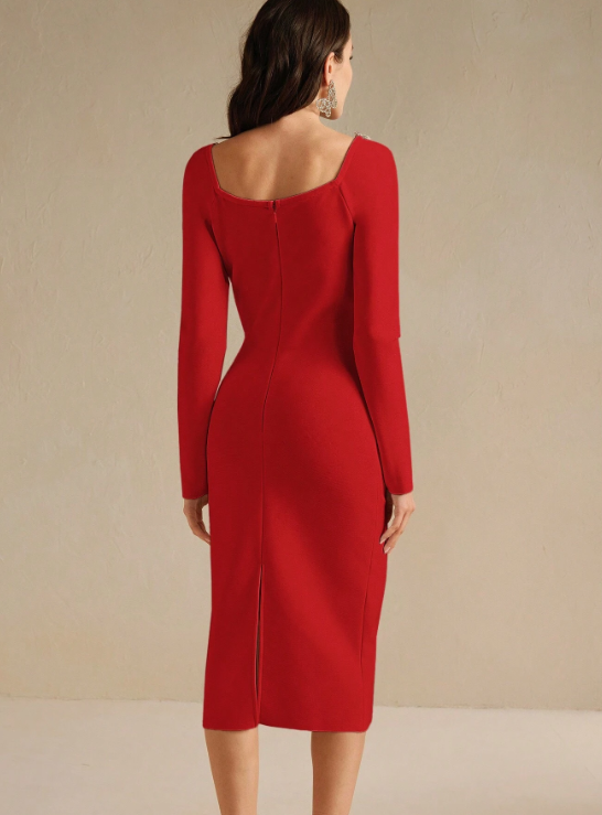 CATALINA CRYSTAL COLLAR MIDI DRESS-RED