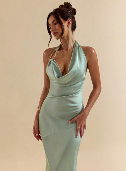 STEP SATIN MAXI DRESS-MINT GREEN