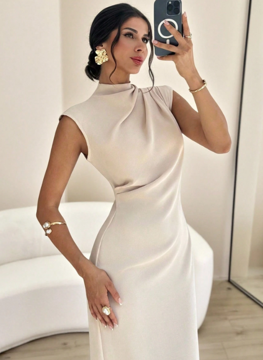 SHIRLEY COLLAR DRAPE DRESS-BEIGE