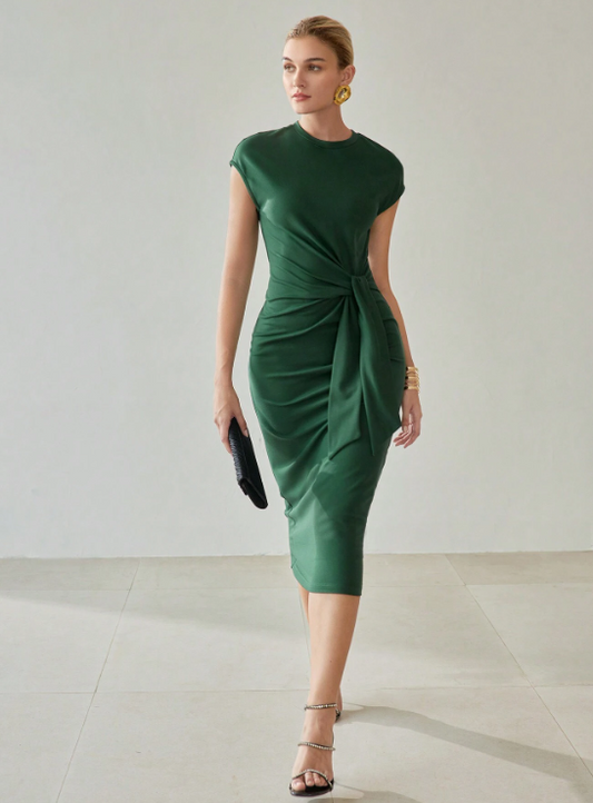 CORINA BATWING SLEEVE RUCHED KNOT FRONT DRESS