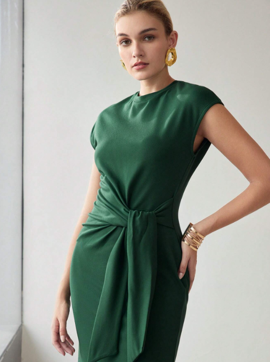CORINA BATWING SLEEVE RUCHED KNOT FRONT DRESS