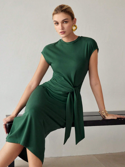 CORINA BATWING SLEEVE RUCHED KNOT FRONT DRESS