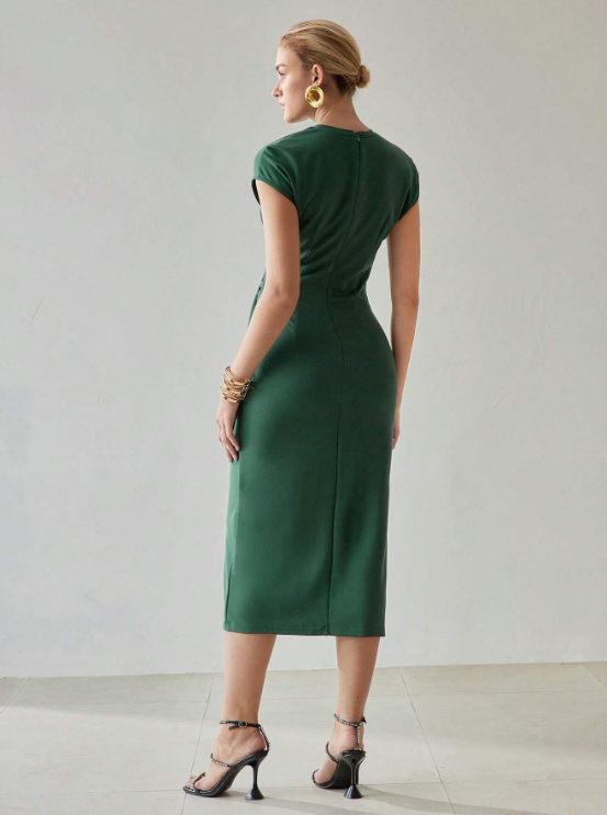 CORINA BATWING SLEEVE RUCHED KNOT FRONT DRESS