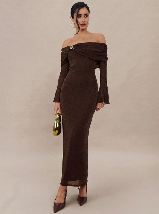CATY PLEATED OFF SHOULDER DRESS