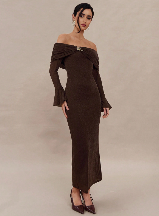 CATY PLEATED OFF SHOULDER DRESS