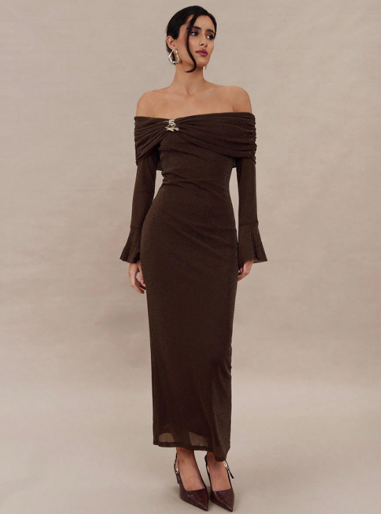CATY PLEATED OFF SHOULDER DRESS