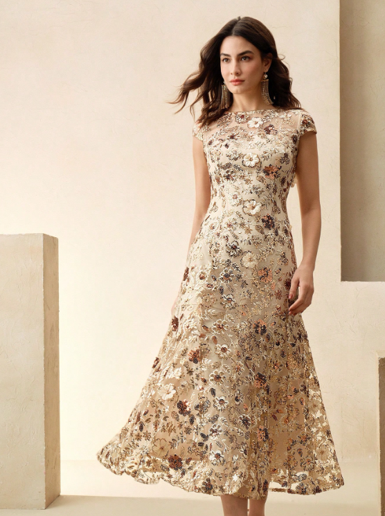 MAEVA CHAMPAGNE SEQUIN MIDI DRESS