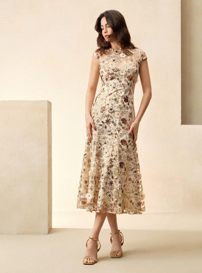 MAEVA CHAMPAGNE SEQUIN MIDI DRESS