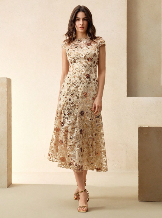 MAEVA CHAMPAGNE SEQUIN MIDI DRESS