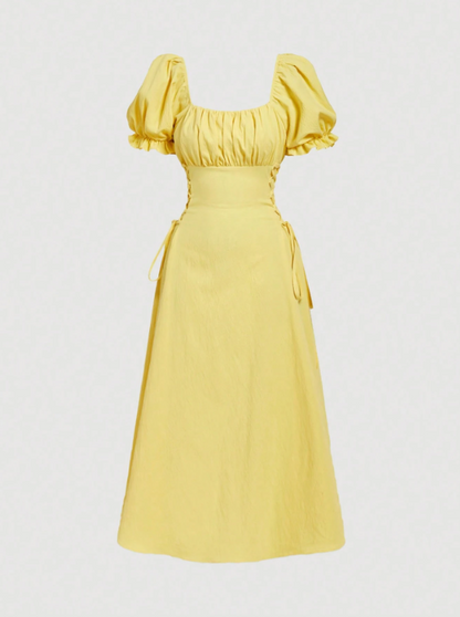 Marina Puff Sleeve Tie Waist Midi Dress