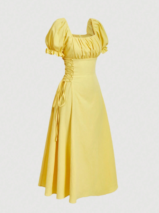 Marina Puff Sleeve Tie Waist Midi Dress