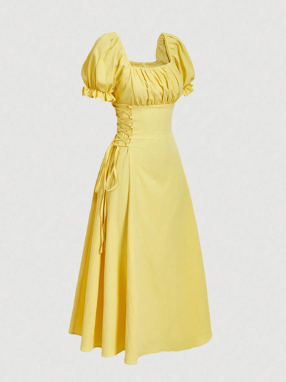 Marina Puff Sleeve Tie Waist Midi Dress