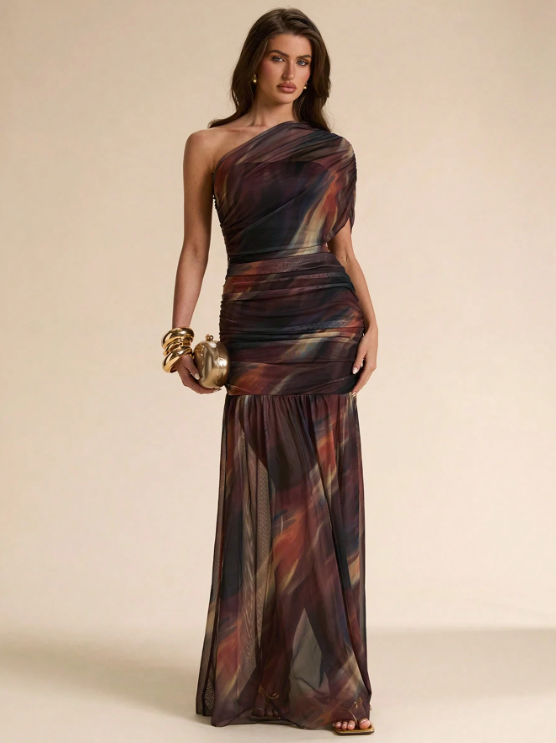 Estelle Asymmetrical Shoulder Maxi Dress