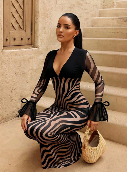 Sirith Tight Zebra Print Fish Tail Long Dress