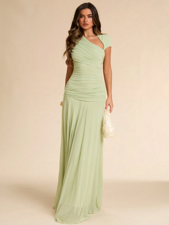 Isabeau Asymmetric Ruched Fitted Maxi Dress