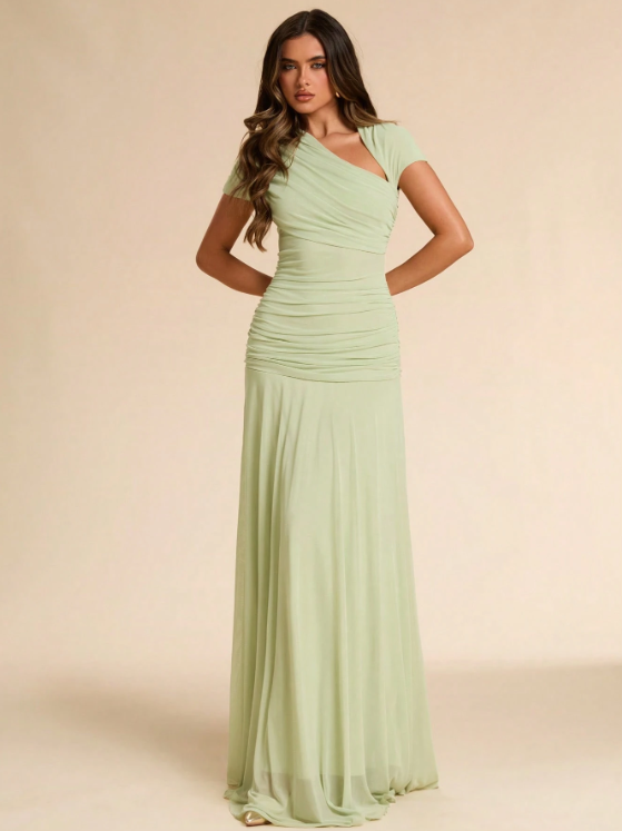 Isabeau Asymmetric Ruched Fitted Maxi Dress
