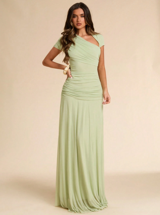Isabeau Asymmetric Ruched Fitted Maxi Dress