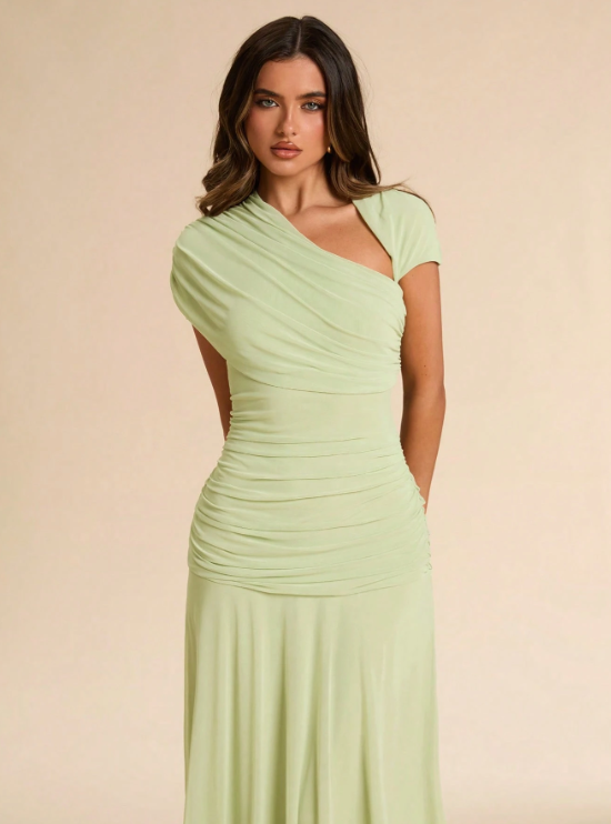 Isabeau Asymmetric Ruched Fitted Maxi Dress