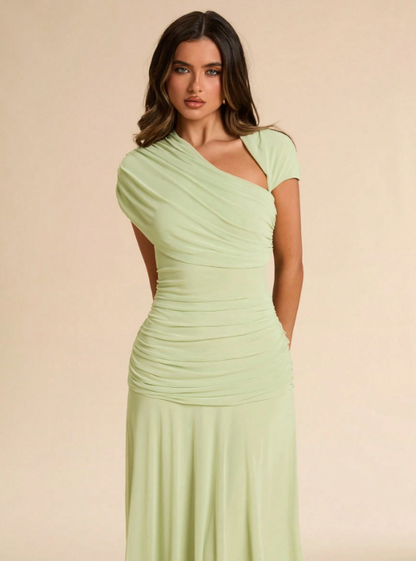 Isabeau Asymmetric Ruched Fitted Maxi Dress