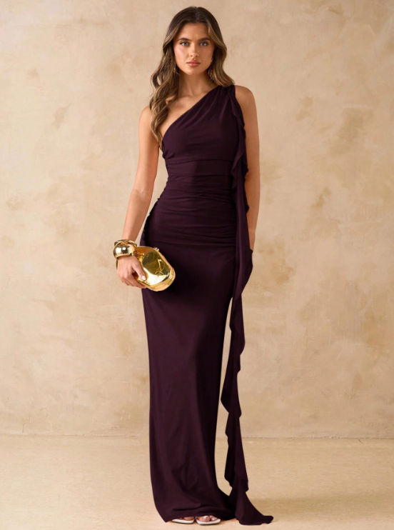 Emmy Asymmetric Ruched Maxi Dress