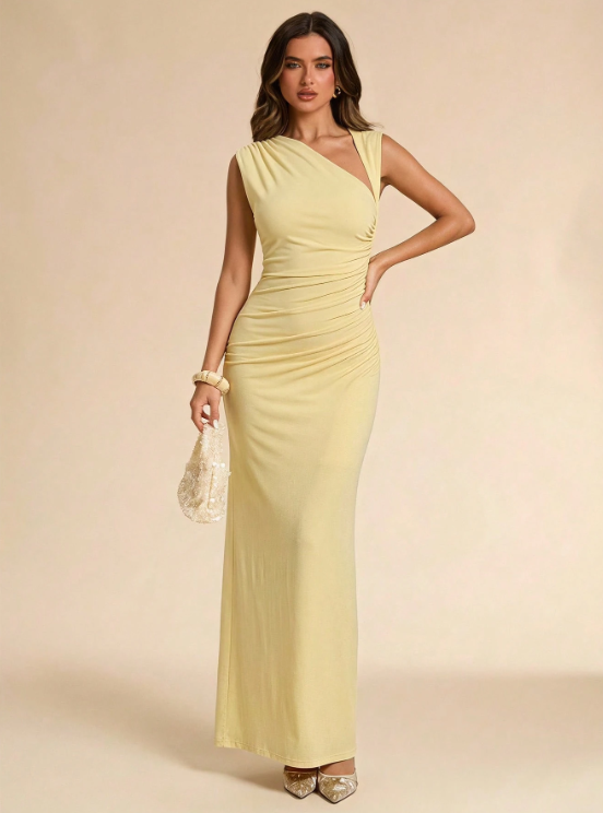 Monica Asymmetric Pleated Maxi Dress