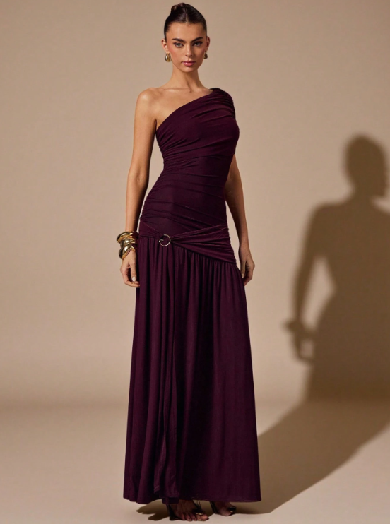 Zoé Burgundy One Shoulder Maxi Dress